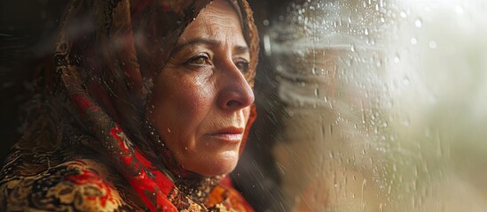 Mature Middle Eastern adult woman fanning herself at home and sheltering from the extreme weather outside image with motion blur. Copy space image. Place for adding text or design