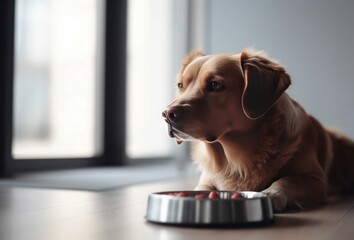 Dog lying near dry food bowl. Home tasty feeding ration for doggy animal. Generate ai