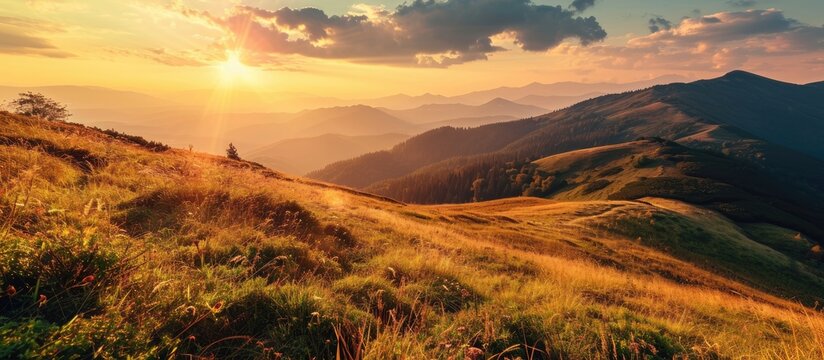 Mountain field during sunset Beautiful natural landscape. Copy space image. Place for adding text or design