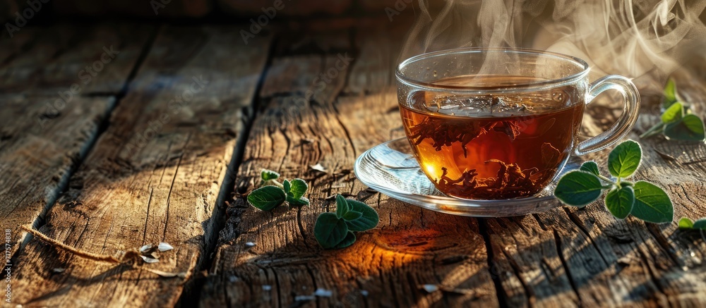 Poster hot tea in glass teapot and cup with steam on wood background. copy space image. place for adding te