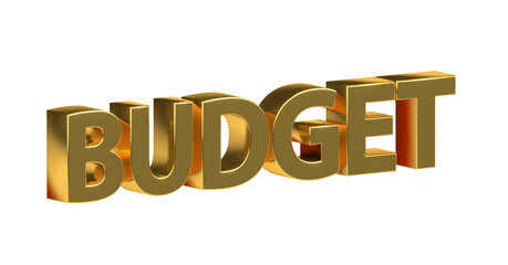 Budget, Finanzen, Geld, Sparen, Kosten, Ausgaben, Einnahmen, Business, Finanzplanung, Haushaltsplan, Investitionen, Wirtschaft, Geldmanagement  - goldene plakative 3D-Schrift, Freisteller, Rendering
