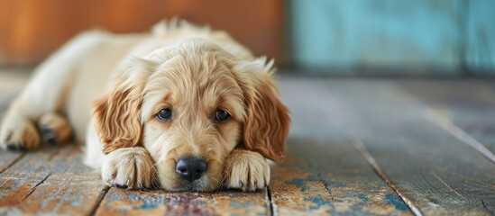 Golden retriever puppy looking guilty from his punishment. Copy space image. Place for adding text or design