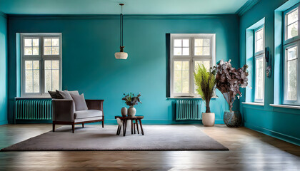 empty living room with blue tones wall. Generative AI.