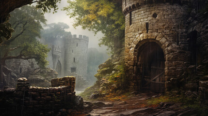 medieval castle tower peering out from a castle tower - obrazy, fototapety, plakaty
