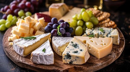 Elegant cheese platter with blue cheese and grapes