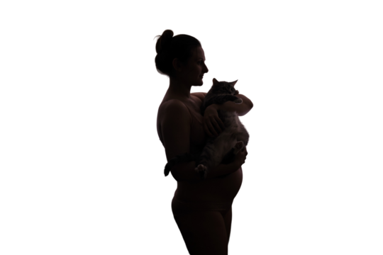 Silhouette of a woman during pregnancy with a cat in her hands, isolated on a white background. Concept of problems with a pet due to toxoplasmosis