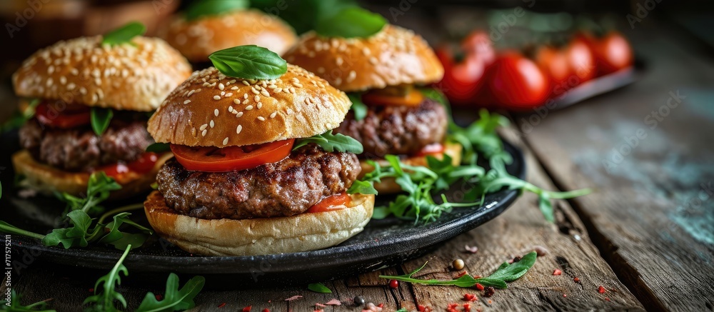 Poster homemade hamburger grilled beef patties sesame buns with other ingredients on dark slate plate. copy