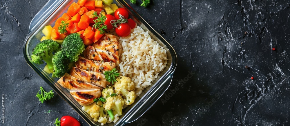 Poster healthy green meal prep containers with chicken fillet rice brussels sprouts and vegetables overhead