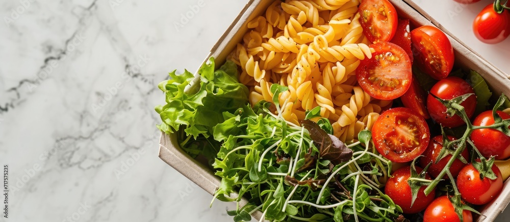 Aufkleber Lunch Box With Cherry Tomatoes Salad Pasta. Copy space image. Place for adding text or design