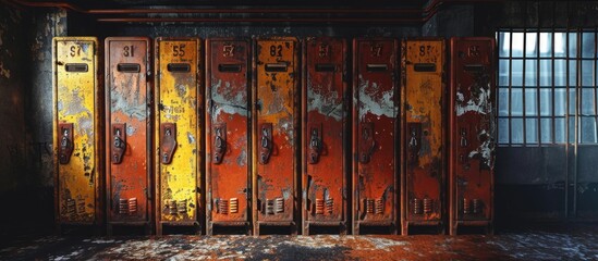 Locker room in an old coal mine Lockers are numbered for each miner woking. Copy space image. Place for adding text or design