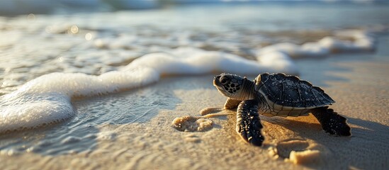 Little Sea Turtle Cub Crawls along the Sandy shore in the direction of the ocean to Survive Hatched New Life Saves Way to life Tropical Seychelles footprints in the sand forward to a new life