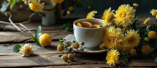 Morning tea with lemon and yellow chrisantemum flowers. Copy space image. Place for adding text or design