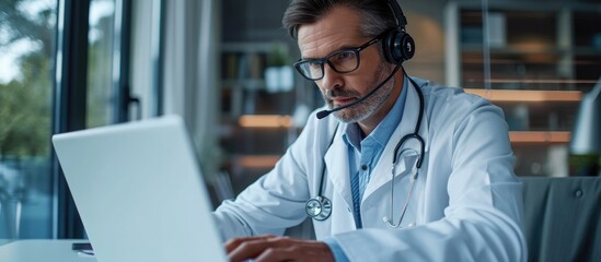 Middle aged male doctor using headset and laptop for online video call consulting of patient Telemedicine concept for domestic health treatment Online remote medical appointment Medical technol - obrazy, fototapety, plakaty
