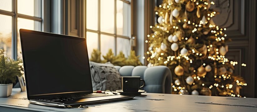 Laptop Computer With Blank Mockup Copy Space Screen Elegant Aesthetic Modern Home Office Workspace Living Room Interior With Christmas Tree Pillow. Copy Space Image. Place For Adding Text Or Design