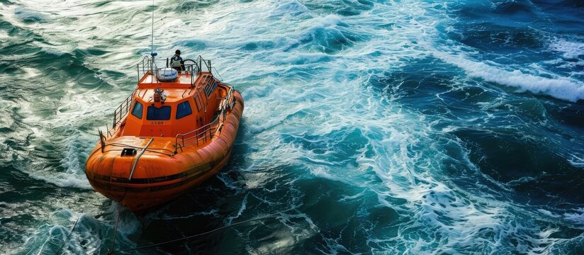Lowering orange totally enclosed lifeboat to water Abandon ship drill Lifeboat training Man over board drill. Copy space image. Place for adding text or design