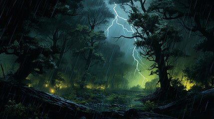 a fierce midnight thunderstorm in a forest