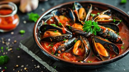 Dish of mussels served in a rich tomato-based sauce - obrazy, fototapety, plakaty