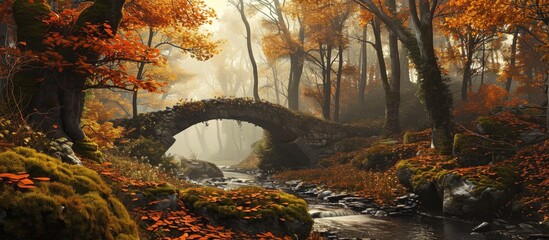 Old bridge over a stream in the autumn forest. Copy space image. Place for adding text or design