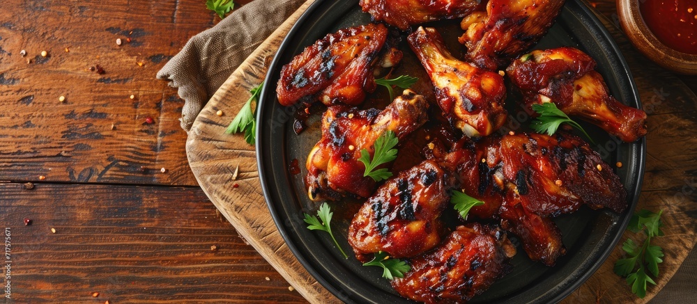 Poster Grilled chicken wings on plate Top view flat lay. Copy space image. Place for adding text or design