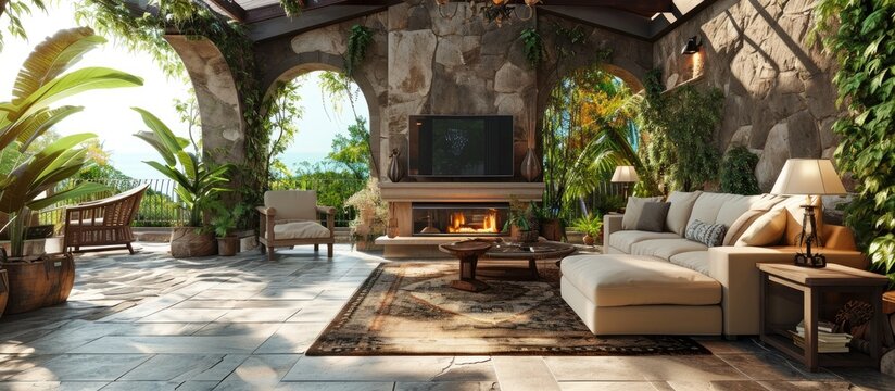 Luxury outdoor relaxing living room with large stone fireplace TV rug and beige sofa. Copy space image. Place for adding text or design