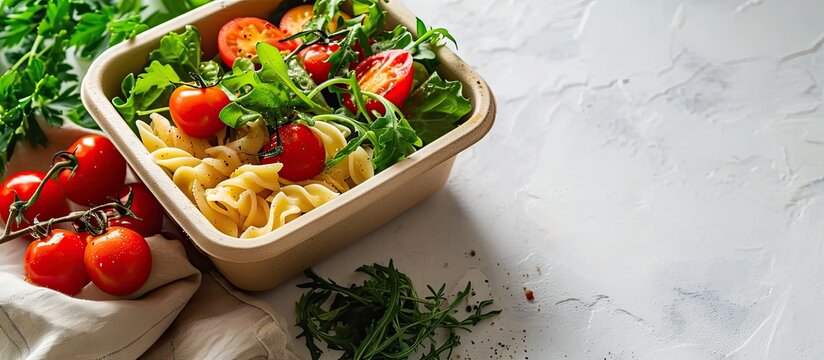 Lunch Box With Cherry Tomatoes Salad Pasta. Copy space image. Place for adding text or design