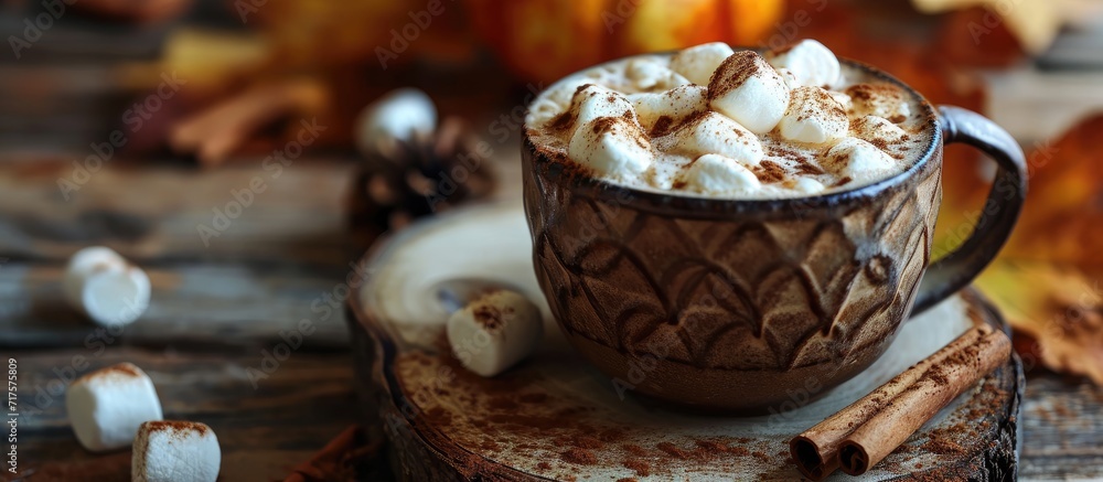 Aufkleber hot cocoa drink with marshmallows and cinnamon in a mug on a wooden board with autumn leaves. copy s