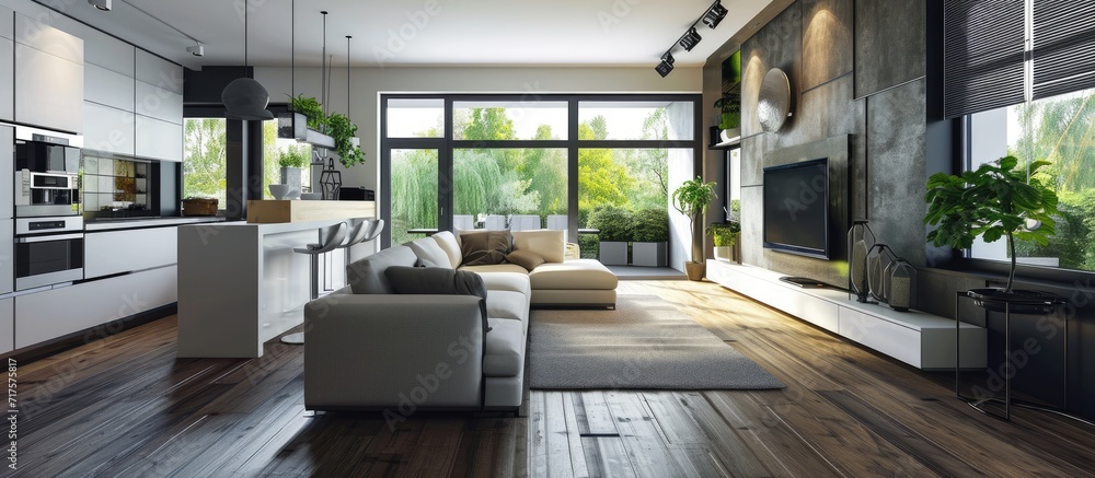 Aufkleber Functional light modern flat with open kitchen and living room with sofa and big tv. Copy space image. Place for adding text or design