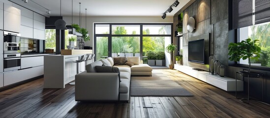 Functional light modern flat with open kitchen and living room with sofa and big tv. Copy space image. Place for adding text or design - obrazy, fototapety, plakaty