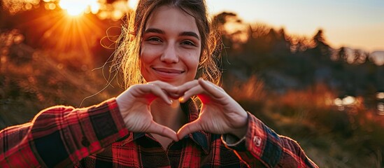 In this heartwarming close up a young woman forms a heart shape with her hands radiating love and positivity The focus is on her hands which convey a heartfelt message offering a connection tha