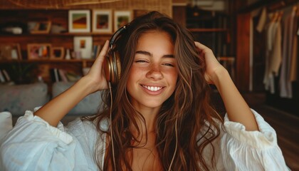 Young woman enjoying music in her cozy living room, wearing headphones and dancing with a carefree and joyful expression, capturing the essence of a relaxed and stylish lifestyle.