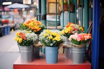 Fototapeta na wymiar fresh cut flowers arranged in buckets for sale