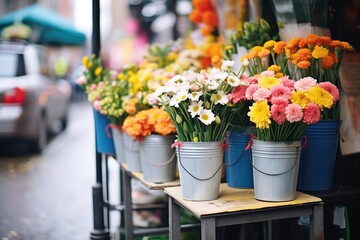 Fototapeta na wymiar fresh cut flowers arranged in buckets for sale