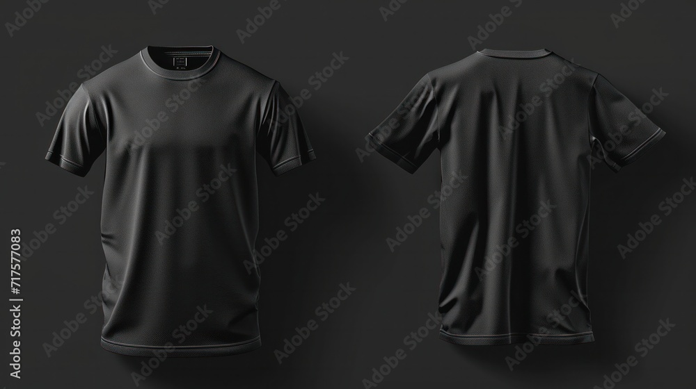 Wall mural Black T-shirt mockup, front and back view, isolated on black background    - Wall murals