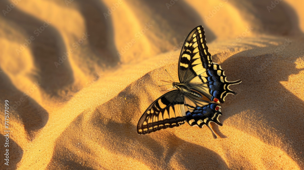Poster closeup of a swallowtail erfly its normally precise flight path now erratic and disoriented amidst t