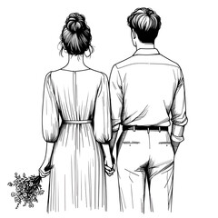 a black-and-white illustration of a married couple holding hands together