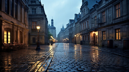 morning rain in an old european city. raindrops pattern - obrazy, fototapety, plakaty