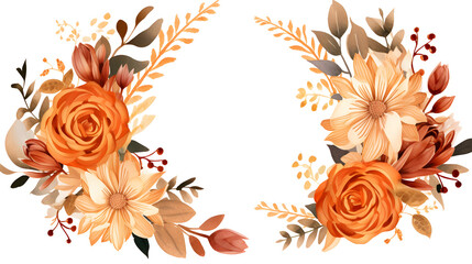 Wreath of brown watercolor roses and wild flower,,
Watercolor bouquets of dried plants and leaves in boho style. Pro Vector
