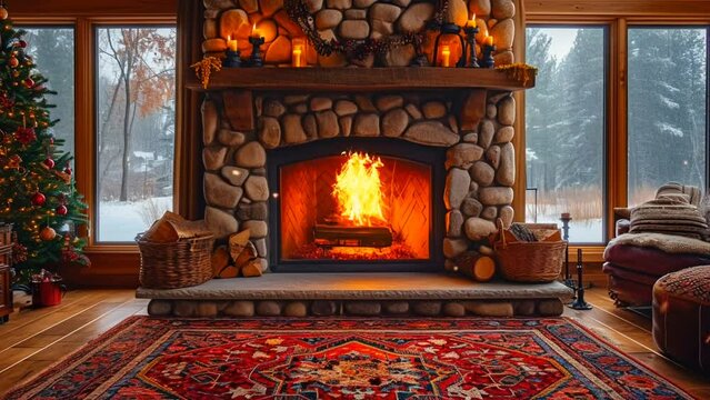 cozy and warm fireplace with real wood burning.  watercolor painting  illustration style. seamless looping 4k time-lapse virtual video animation background