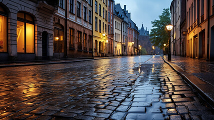 morning rain in an old european city. raindrops pattern - obrazy, fototapety, plakaty