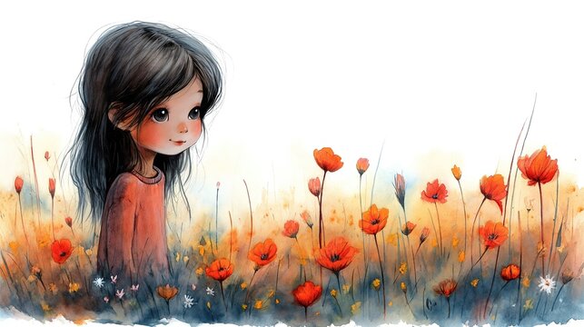 grungy noise texture art, happy girl walking in flower field, Generative Ai