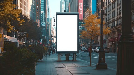 Blank mock up of vertical street poster billboard on city background.   