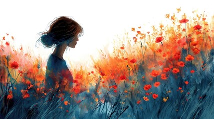 grungy texture illustration of cute girl walking in flower blossom field, Generative Ai