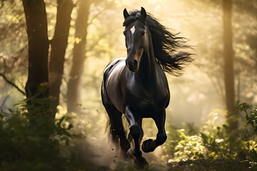 Ein schwarzes Pferd rennt durch einen Wald