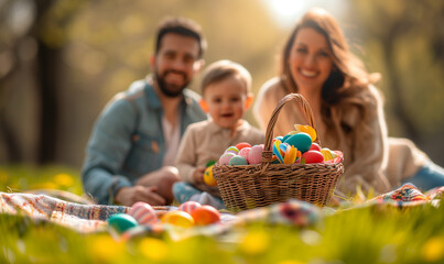 A family enjoying a picnic in the park after an Easter egg hunt, with a basket full of colorful eggs on their blanket