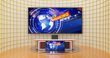 white table and led background in a news studio room.3d rendering.