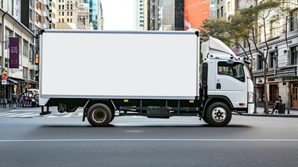 Cargo truck with blank side mock up on city streets  