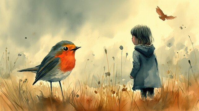 grungy noise texture art, a bird and a girl in forest, whimsical fantasy fairytale contemporary creative illustration, Generative Ai