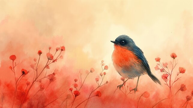 watercolor cute blur bird in red hawthorn flower blossom, generative Ai