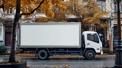 Delivery cargo truck with blank white board for mockup information is parked at urban street   