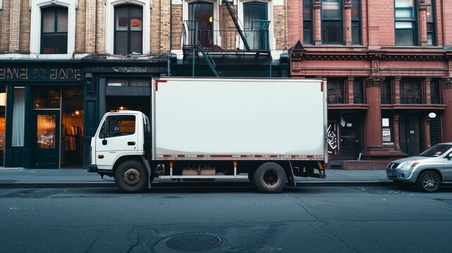 Delivery cargo truck with blank white board for mockup information is parked at urban street   